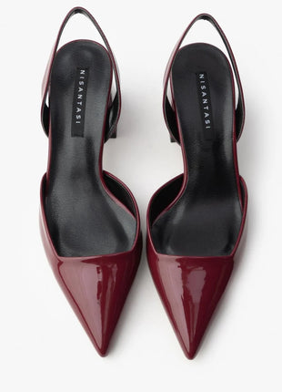 Bordo SAMMY Slingback Pumps mit spitzem Zehenbereich und breitem Blockabsatz, glänzendes Finish, ideal für formelle Anlässe.