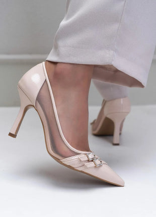 Beige MIRACLE Pumps mit hohem, schmalem Absatz, transparenten Netzeinsätzen und doppelten Riemen mit funkelnden Strassschnallen. Elegantes Design für formelle Anlässe.