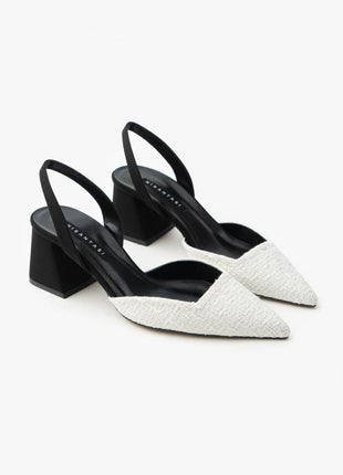 Geflochtene SAMMY Slingback Pumps in Weiß mit spitzem Zehenbereich und breitem Blockabsatz, ideal für formelle Anlässe.