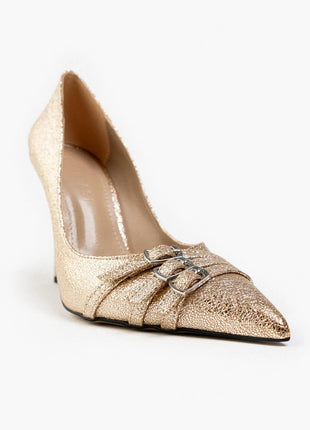 Elegante goldene Smarty Pumps mit funkelndem Design und dekorativen Schnallen, ideal für besondere Anlässe.