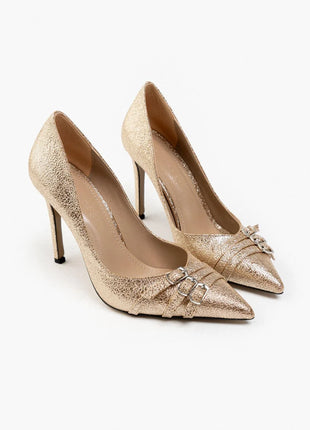 Elegante goldene Smarty Pumps mit funkelndem Design und dekorativen Schnallen, ideal für besondere Anlässe.