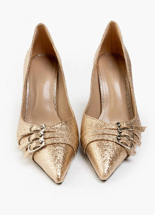 Elegante goldene Smarty Pumps mit funkelndem Design und dekorativen Schnallen, ideal für besondere Anlässe.