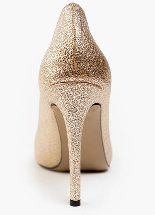 Elegante goldene Smarty Pumps mit funkelndem Design und dekorativen Schnallen, ideal für besondere Anlässe.