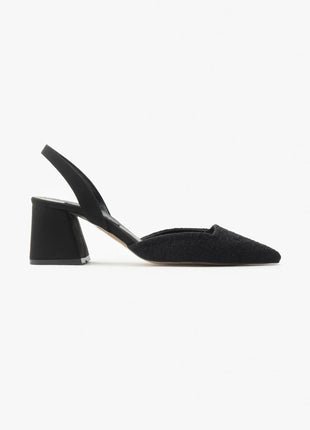 Geflochtene SAMMY Slingback Pumps in Schwarz mit spitzem Zehenbereich und breitem Blockabsatz, ideal für formelle Anlässe.,