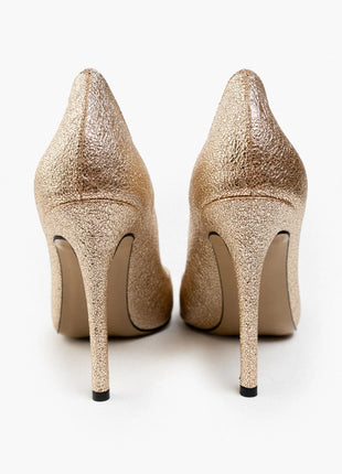 Elegante goldene Smarty Pumps mit funkelndem Design und dekorativen Schnallen, ideal für besondere Anlässe.