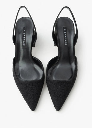 Geflochtene SAMMY Slingback Pumps in Schwarz mit spitzem Zehenbereich und breitem Blockabsatz, ideal für formelle Anlässe.