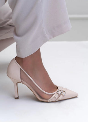 Beige MIRACLE Pumps mit hohem, schmalem Absatz, transparenten Netzeinsätzen und doppelten Riemen mit funkelnden Strassschnallen. Elegantes Design für formelle Anlässe.