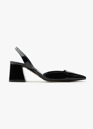 Schwarze SAMMY Slingback Pumps mit spitzem Zehenbereich und breitem Blockabsatz, glänzendes Finish, ideal für formelle Anlässe.