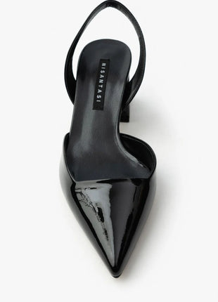 Schwarze SAMMY Slingback Pumps mit spitzem Zehenbereich und breitem Blockabsatz, glänzendes Finish, ideal für formelle Anlässe.