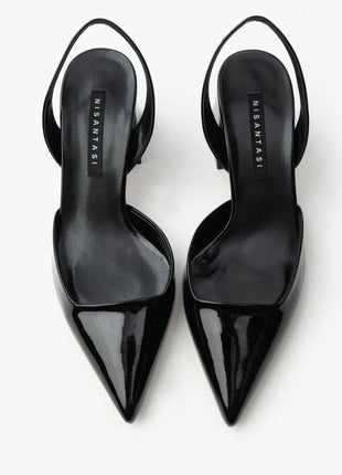 Schwarze SAMMY Slingback Pumps mit spitzem Zehenbereich und breitem Blockabsatz, glänzendes Finish, ideal für formelle Anlässe.