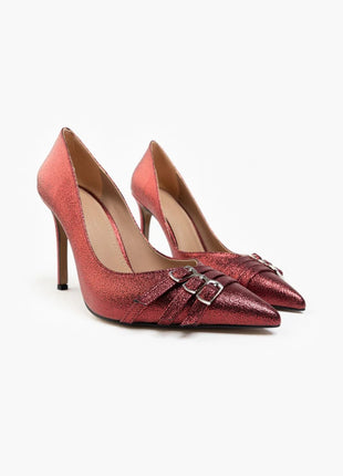 Elegante rote Smarty Pumps mit funkelndem Design und dekorativen Schnallen, ideal für besondere Anlässe.