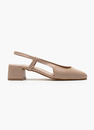 Beige OPHELIA Slingback-Pumps aus mattem Finish mit blockigem, mittelhohem Absatz und verstellbarem Slingback-Riemen. Elegantes Design für formelle Anlässe und stilvolle Alltagslooks.