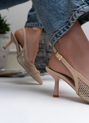 Elegante beige Sky Pumps mit Netzdesign und zartem Riemen, ideal für besondere Anlässe