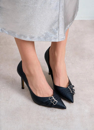 Elegante schwarze Smarty Pumps mit funkelndem Design und dekorativen Schnallen, ideal für besondere Anlässe