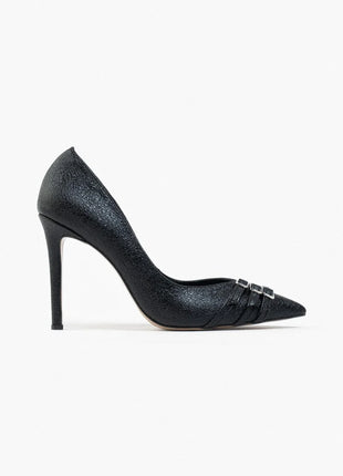 Elegante schwarze Smarty Pumps mit funkelndem Design und dekorativen Schnallen, ideal für besondere Anlässe