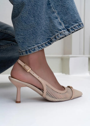 Elegante beige Sky Pumps mit Netzdesign und zartem Riemen, ideal für besondere Anlässe