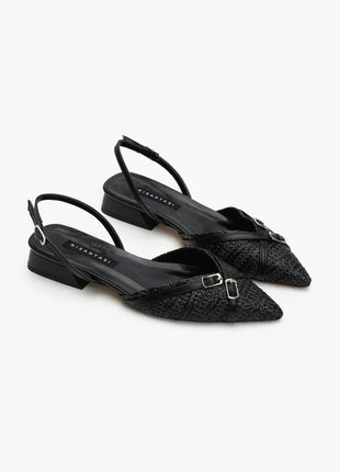 Elegante VEGAS Slingback-Pumps in Schwarz glänzend mit spitzer Zehenpartie und dekorativen Schnallen, ideal für besondere Anlässe.